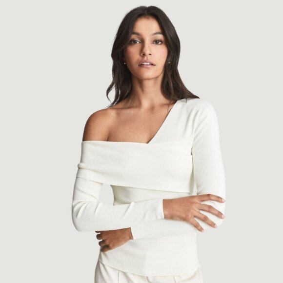 REISS Eliah cream asymmetric ribbed knit top | One-shoulder sweater | X-Small * - Picture 1 of 9